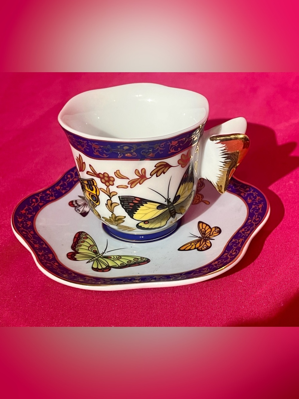 Vintage Baum Brothers Butterfly Porcelain Teacup and Saucer w/ Gold Trim